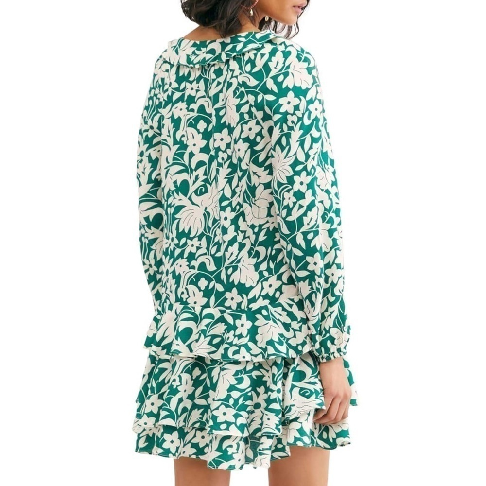Free People Rebecca Floral Ruffle Long Sleeve Casual Green & White Mini Dress L - Picture 2 of 11